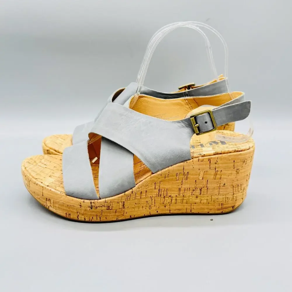 Korks Sandals Womens 8 Gray Leather Slingback Cork Wedge Platform Comfort Shoes